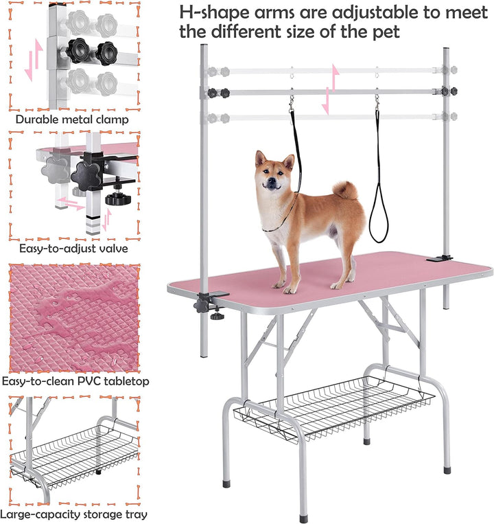 46'' Pet Grooming Table for Large Dogs Adjustable Height - Portable Trimming Table Drying Table W/Arm/Noose/Mesh Tray Maximum Capacity up to 265Lb -Pink